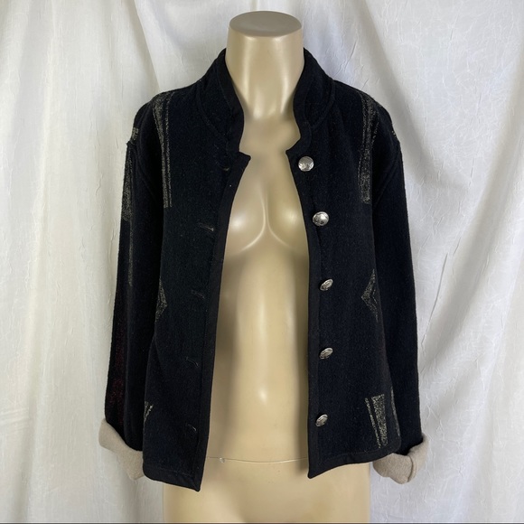 🚫SOLD🚫 Chico’s Southwestern Black Red Aztec Print Buffalo Nickel Buttons Wool - Picture 3 of 16